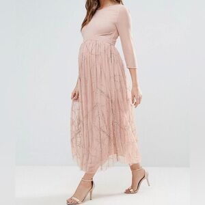 Maya Maternity Chiffon Dress Pink Sequin 3/4 Sleeve Size 4